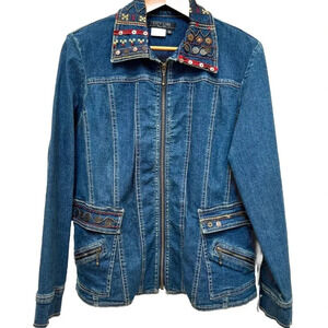 Vintage City Girl Embroidered Denim Jean Jacket Blazer Zip Front Blue Medium